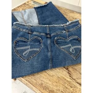 Juicy Couture Denim Midi Skirt Heart Pockets Rhinestone Logo Raw Hem Size 6 Blue